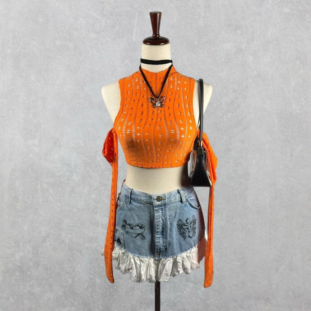 Edikted Orange Cold Shoulder Sheer Knit Long Sleeve Rave Crop Top